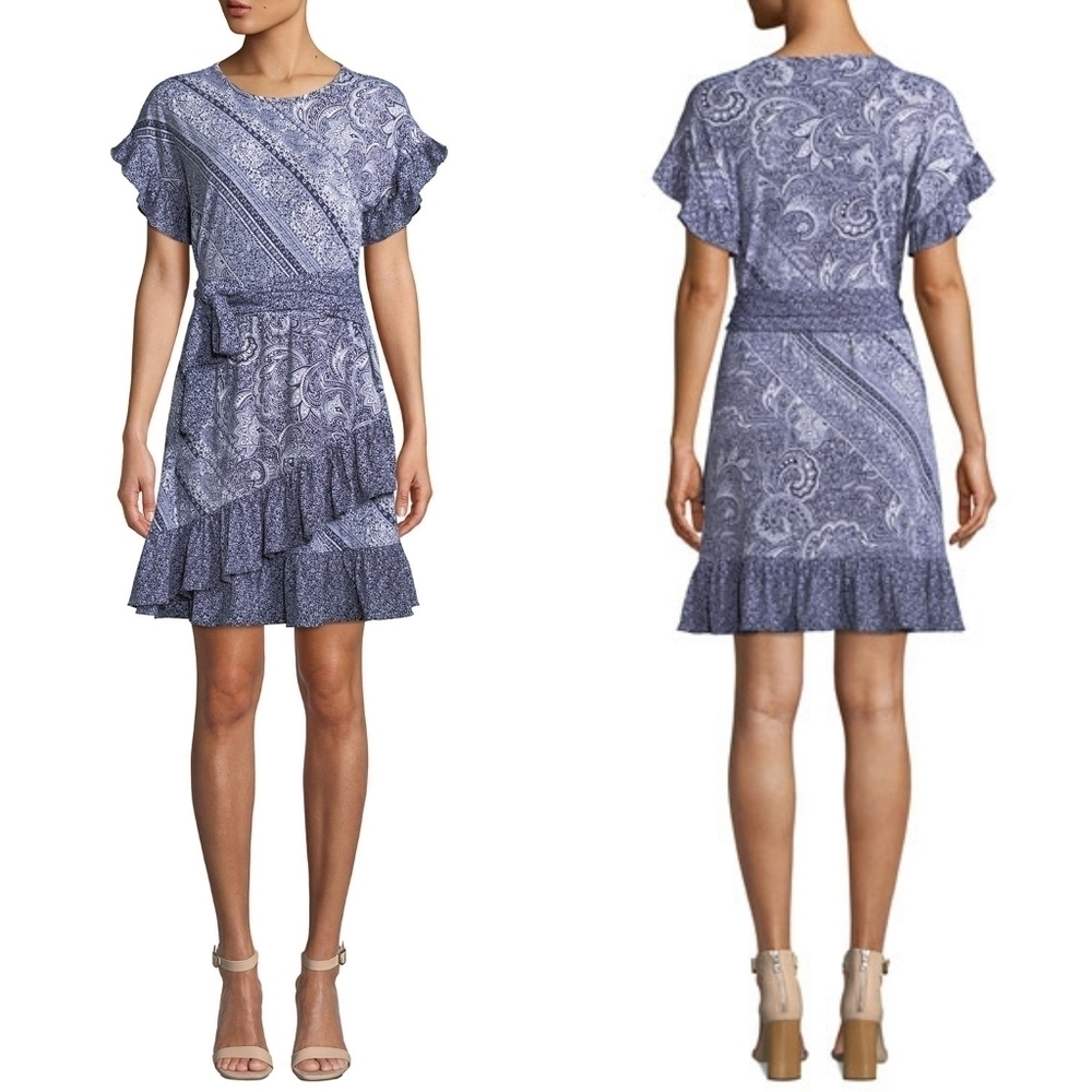 Michael Michael Kors Paisley Mixed Print Ruffle Trim Tie-Waist Faux Wrap Dress M